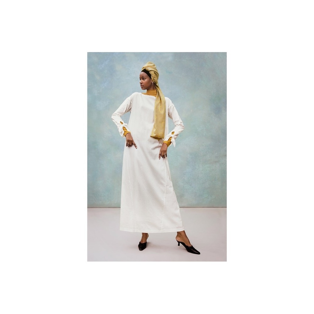Uniqlo Hana Tajima Large White Cotton Kaftan Maxi Dress Herringbone Tie Sleeves